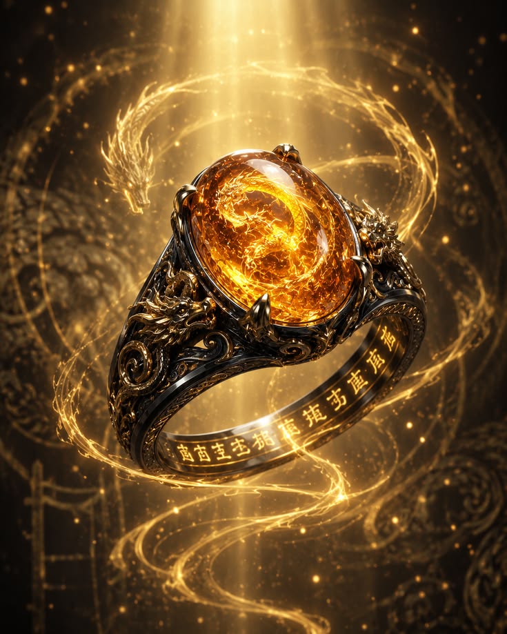 Golden ring with an amber stone surrounded by glowing light